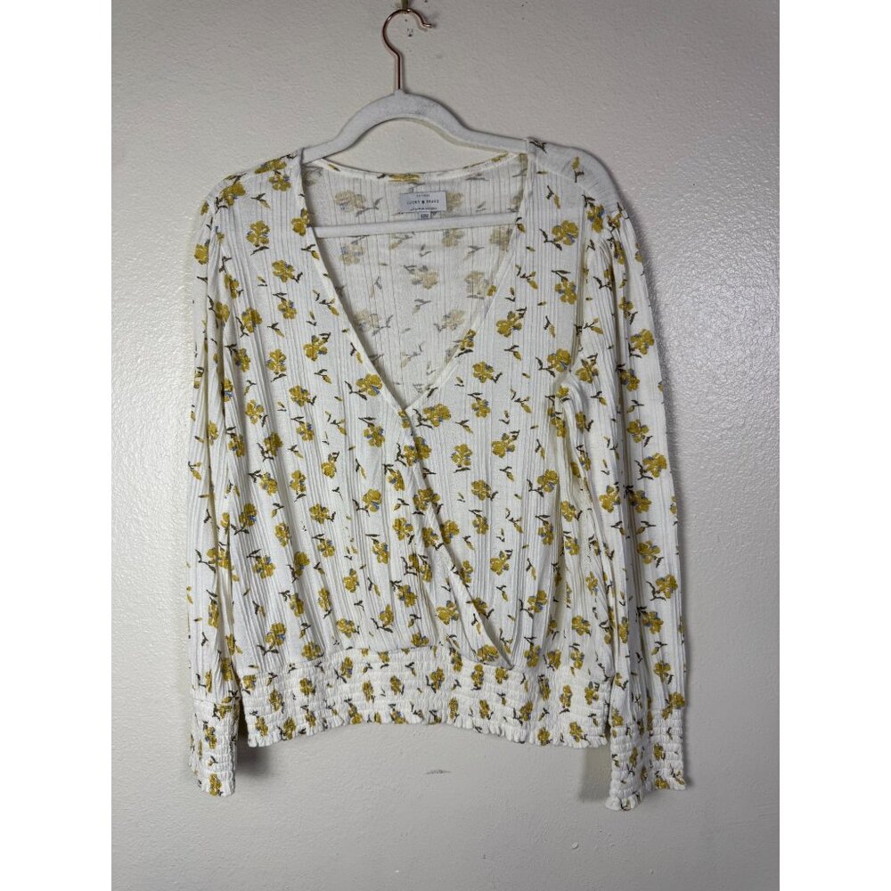 Lucky Brand Floral Faux Wrap Blouse Long Sleeve Size Medium Boho‎ Peasant V-neck